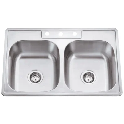 33" L x 22" W x 9" D Drop-In 20 Gauge Stainless Steel 50/50 Double Bowl Sink