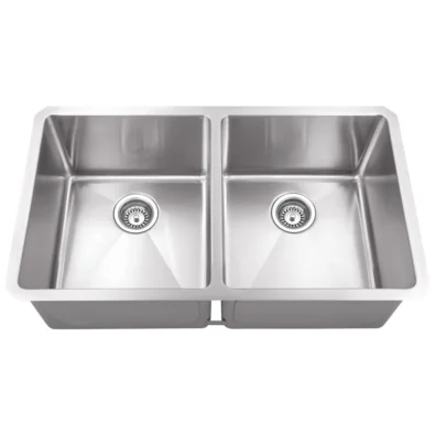 32" L x 19" W x 10" D Undermount 16 Gauge Handmade Stainless Steel 50/50 Double Bowl Sink