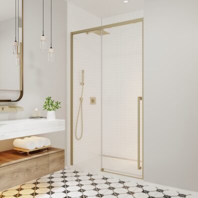 Kaveri 45 - 47 1/2 x 79 3/4in. 8mm Sliding Shower Door for Alcove Installation with Clear Glass in Brushed Gold