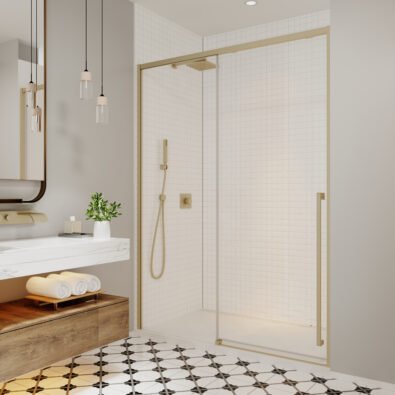 Kaveri 57 - 59 1/2 x 79 3/4 in. 8mm Sliding Shower Door for Alcove Installation with Clear Glass in Brushed Gold
