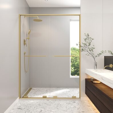 Solani 57- 59 1/2 x 79 3/4 in. 8mm Bypass Shower Door for Alcove Installation with Clear Glass in Brushed Gold